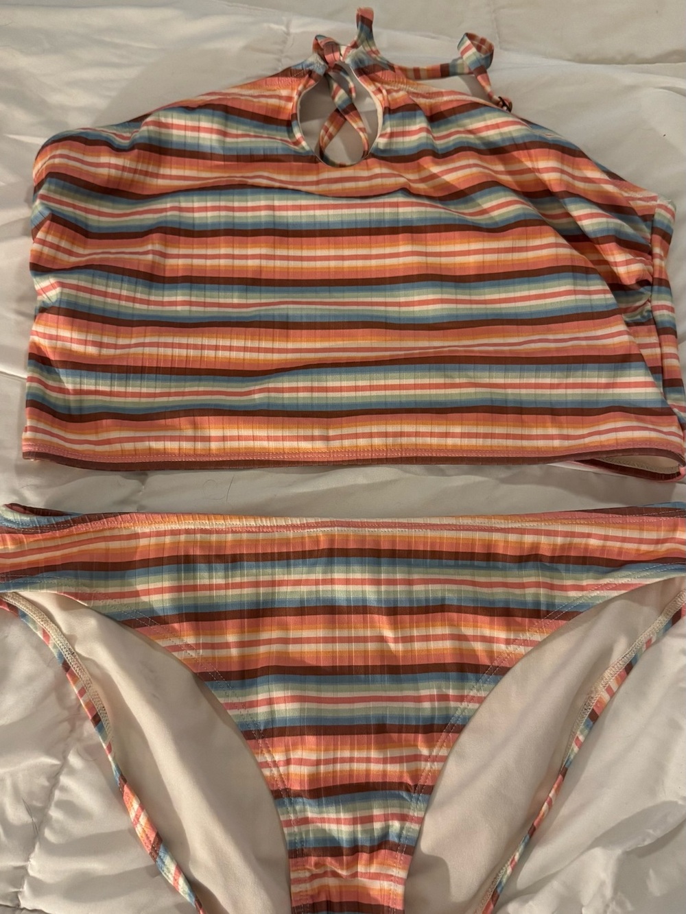 True Craft Striped High-Neck Bikini in Coral, Blue & Cream